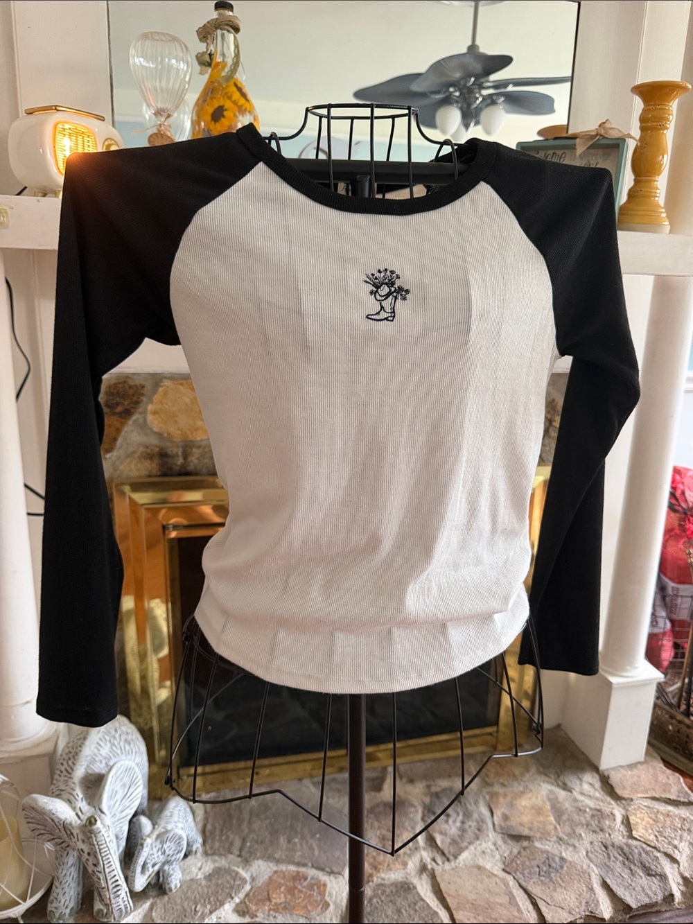 Heart Hips Black and White Raglan Long-Sleeve Top with Small Embroidered Graphic